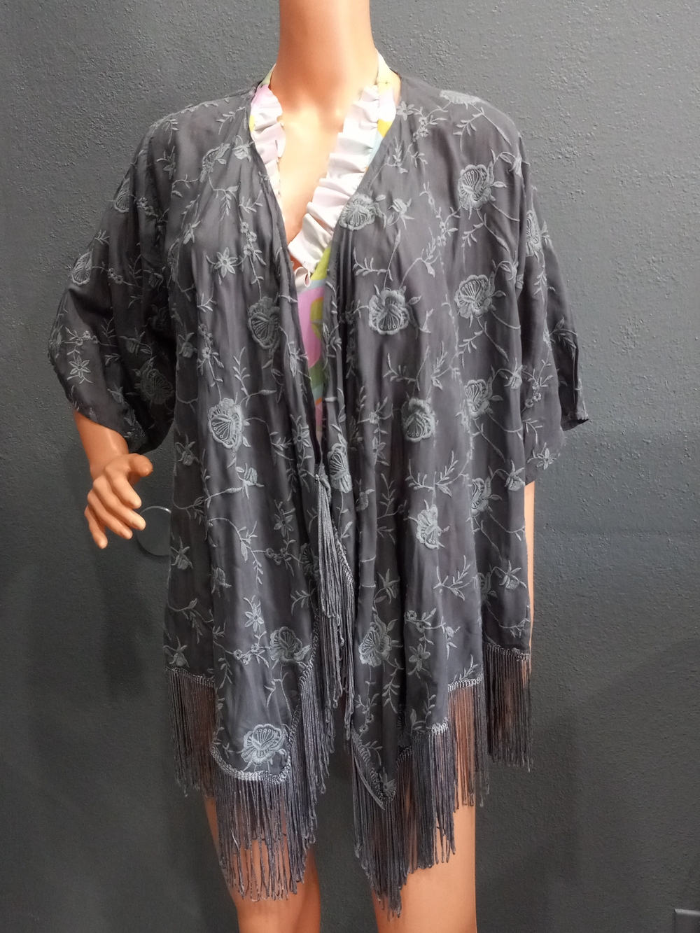 Abercrombie & Fitch Embroidered Fringe Open-Front Kimono Jacket - Gray One Size